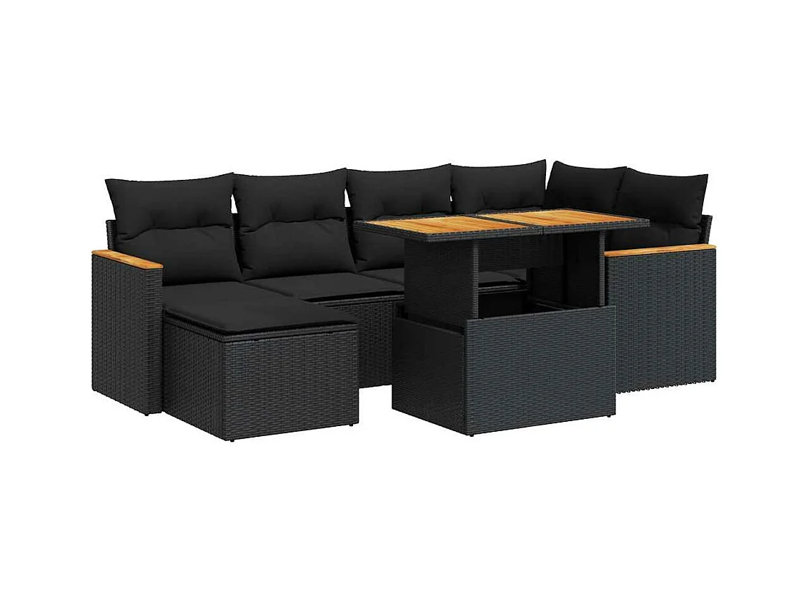 Salon de jardin avec coussins 7 pcs noir résine tressée acacia