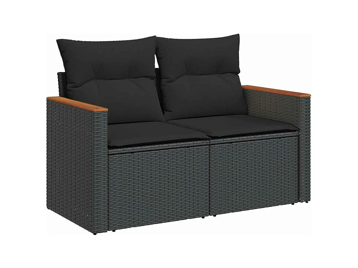 Salon de jardin avec coussins 7 pcs noir résine tressée acacia