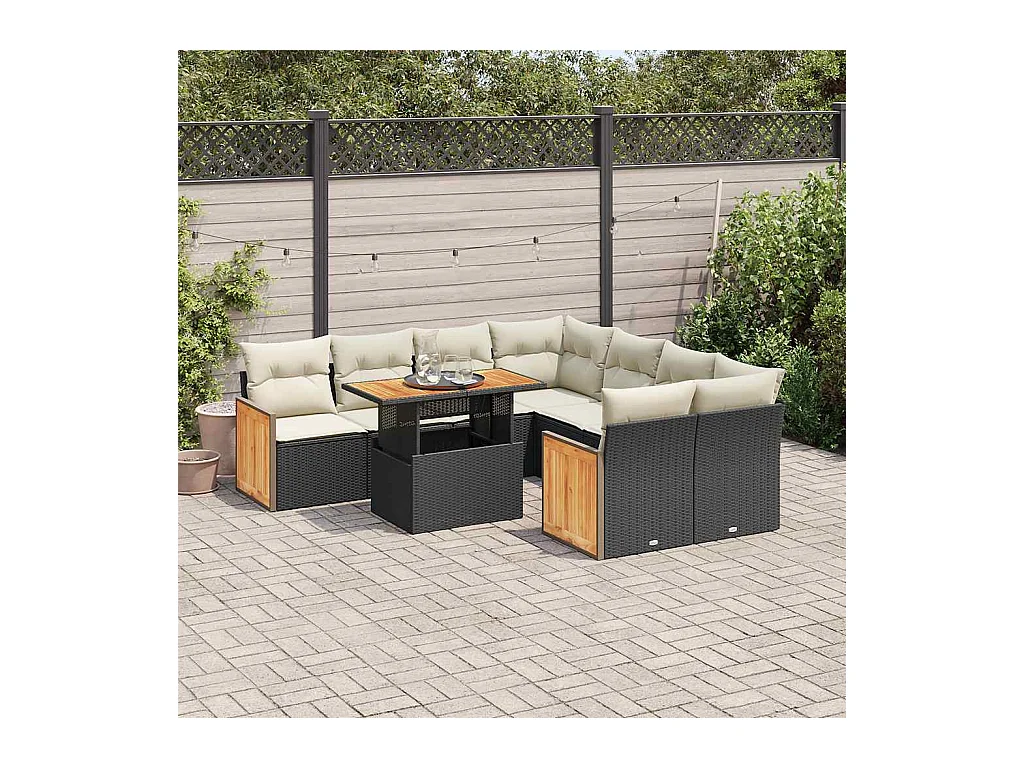 Salon de jardin avec coussins 9 pcs noir résine tressée acacia