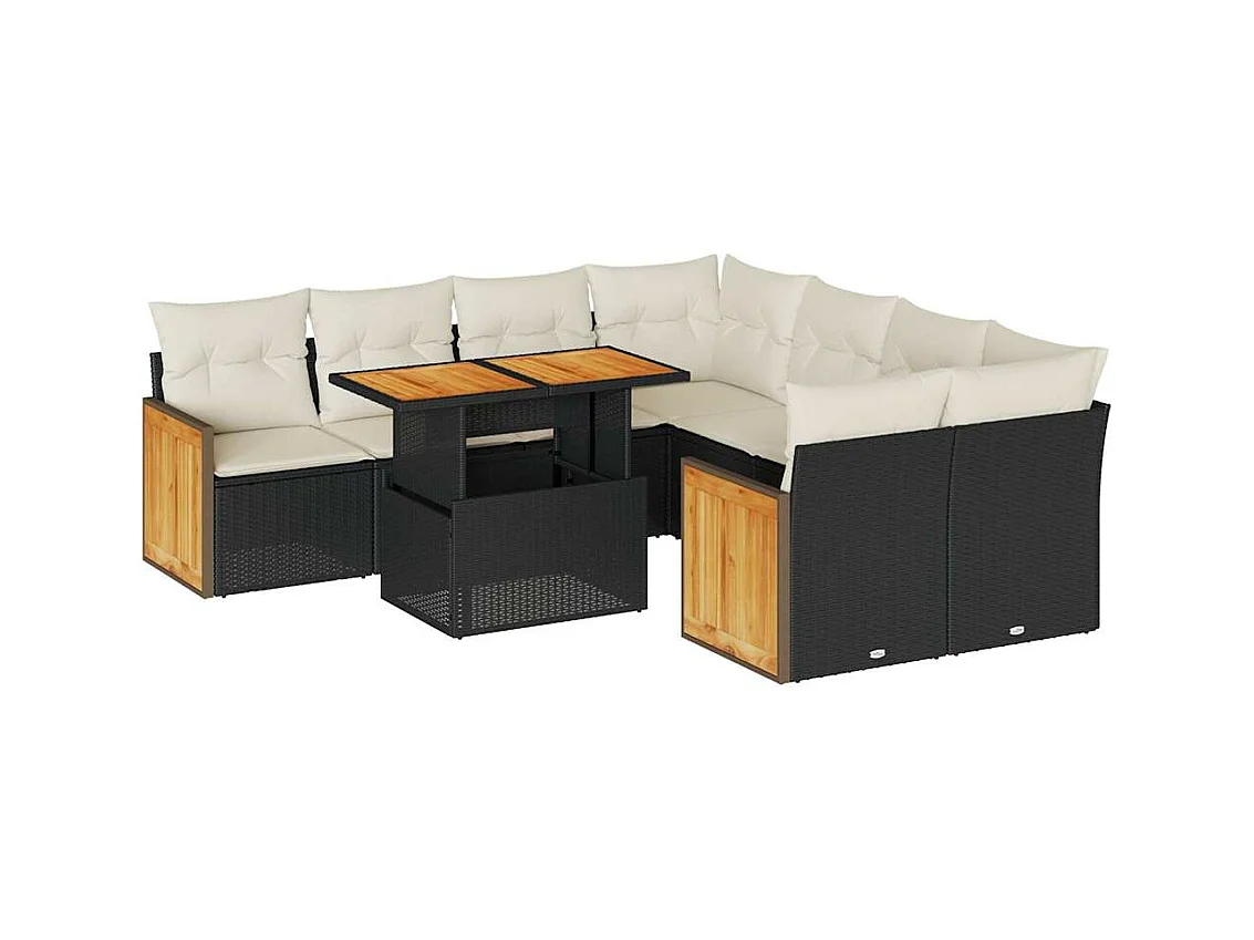 Salon de jardin avec coussins 9 pcs noir résine tressée acacia