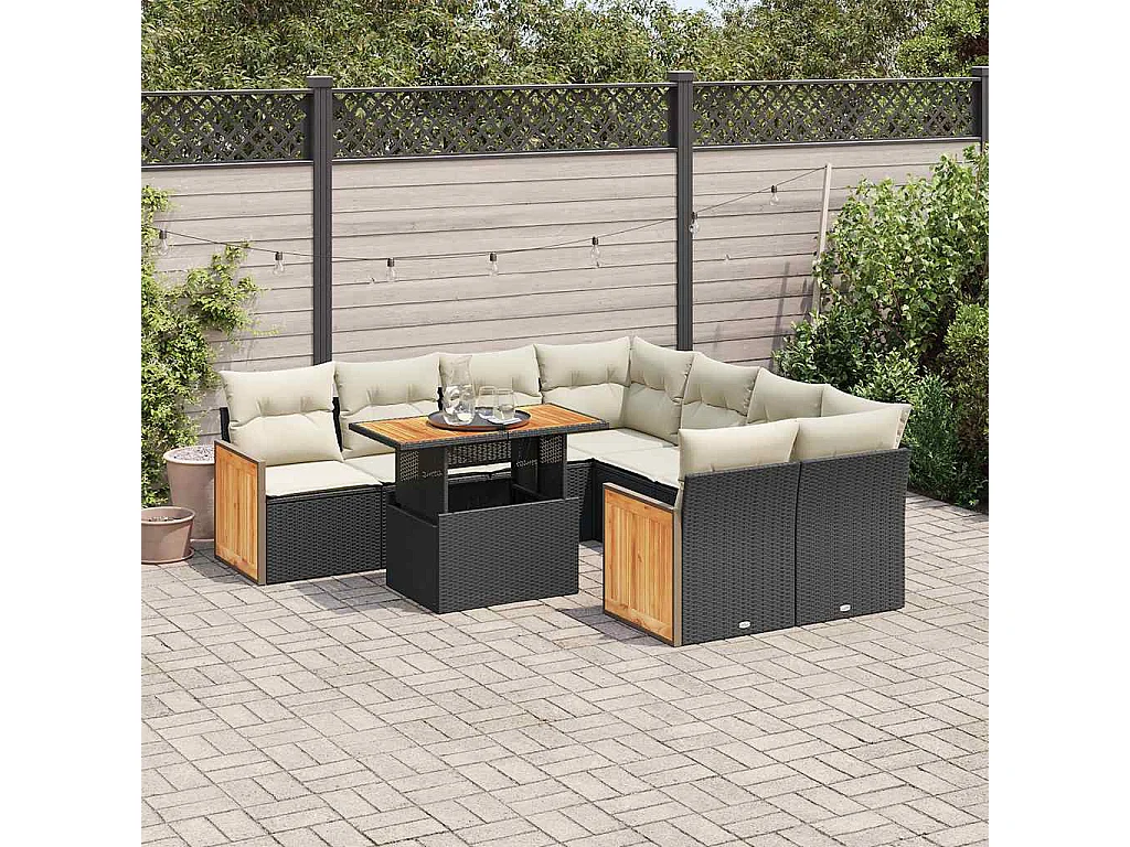 Salon de jardin avec coussins 9 pcs noir résine tressée acacia