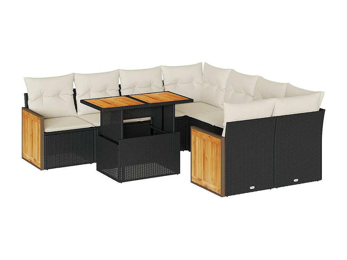 Salon de jardin avec coussins 9 pcs noir résine tressée acacia