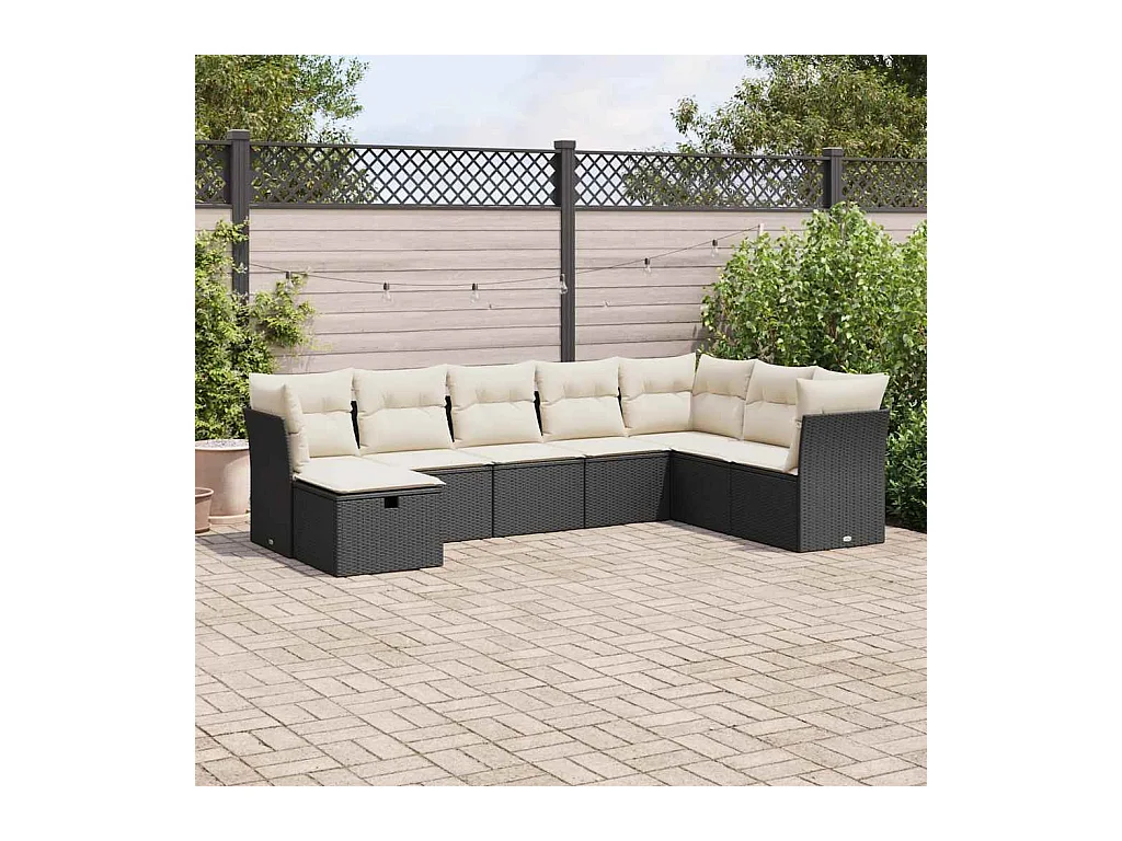 Set di mobili da giardino da 8 pezzi con cuscini neri in resina intrecciata