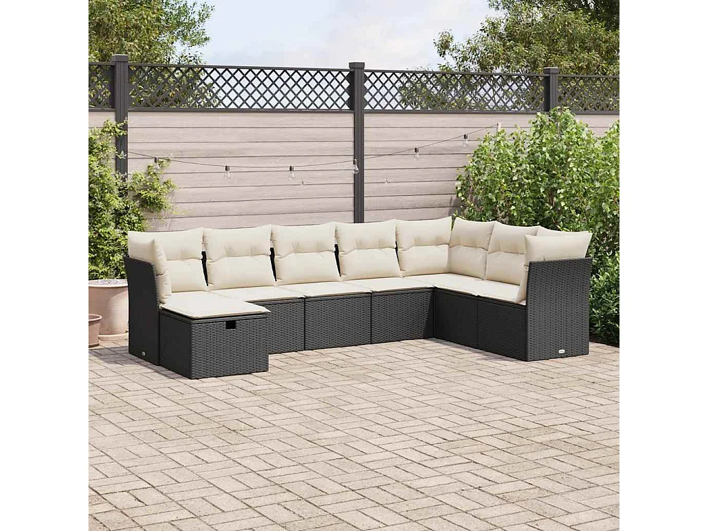 Set di mobili da giardino da 8 pezzi con cuscini neri in resina intrecciata