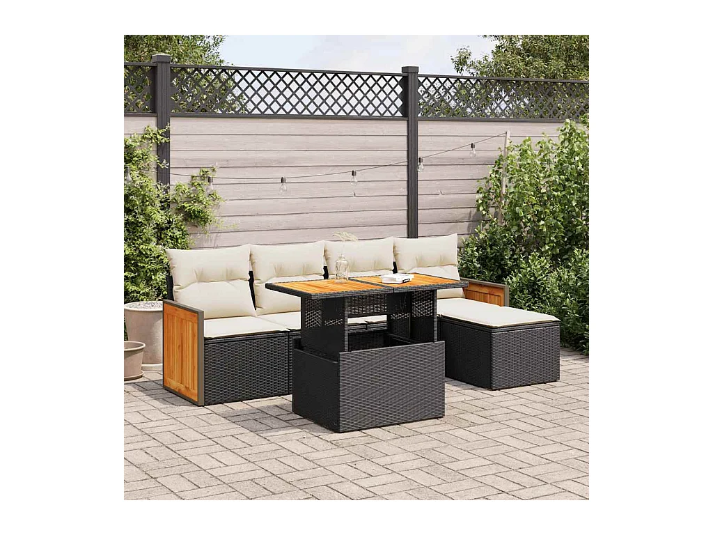 Salon de jardin 6 pcs avec coussins noir résine tressée acacia