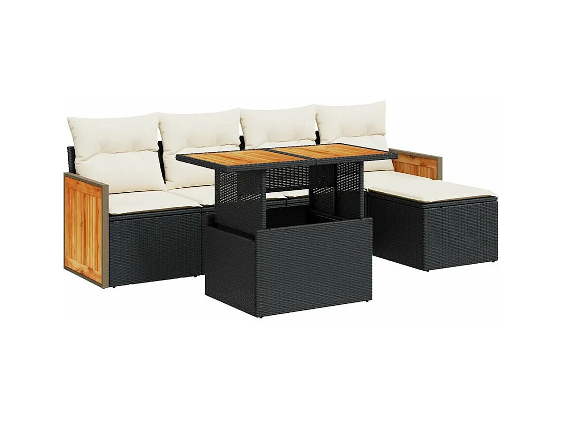 Salon de jardin 6 pcs avec coussins noir résine tressée acacia