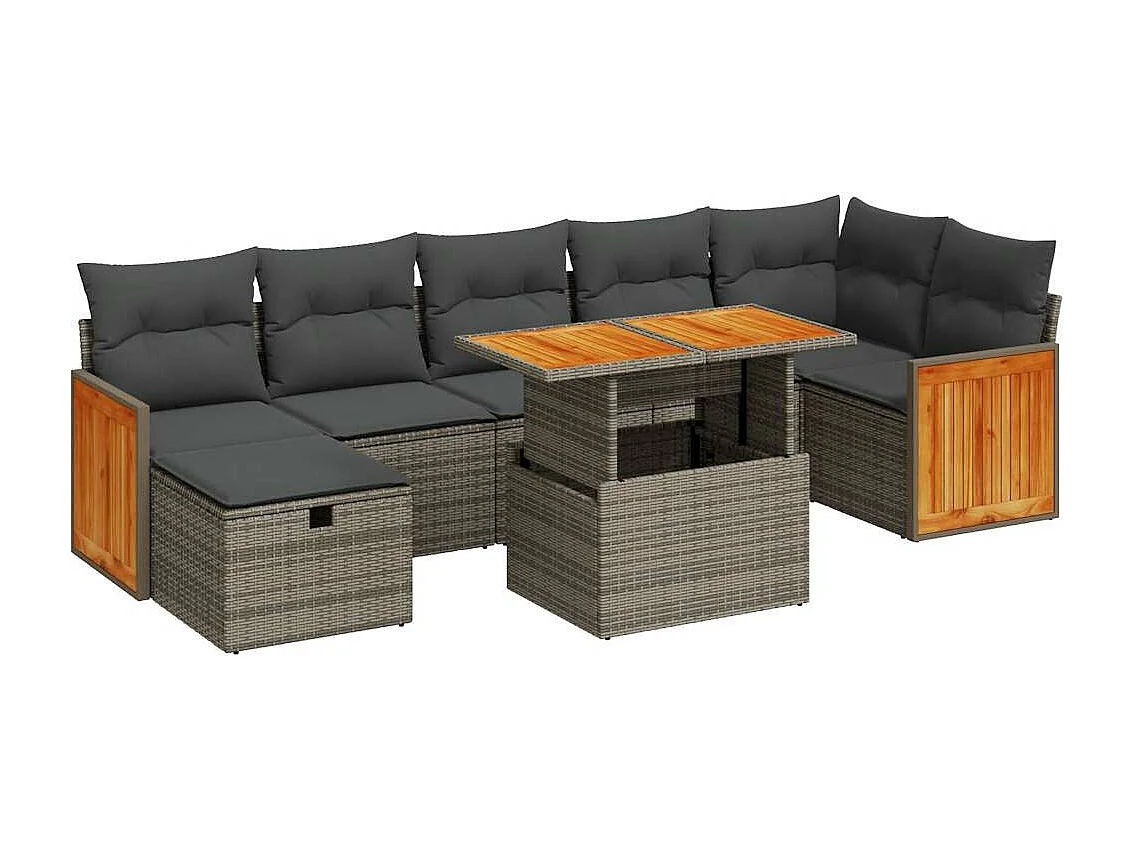 5-teiliges Gartenmöbelset mit grauen Kissen aus gewebtem Harz