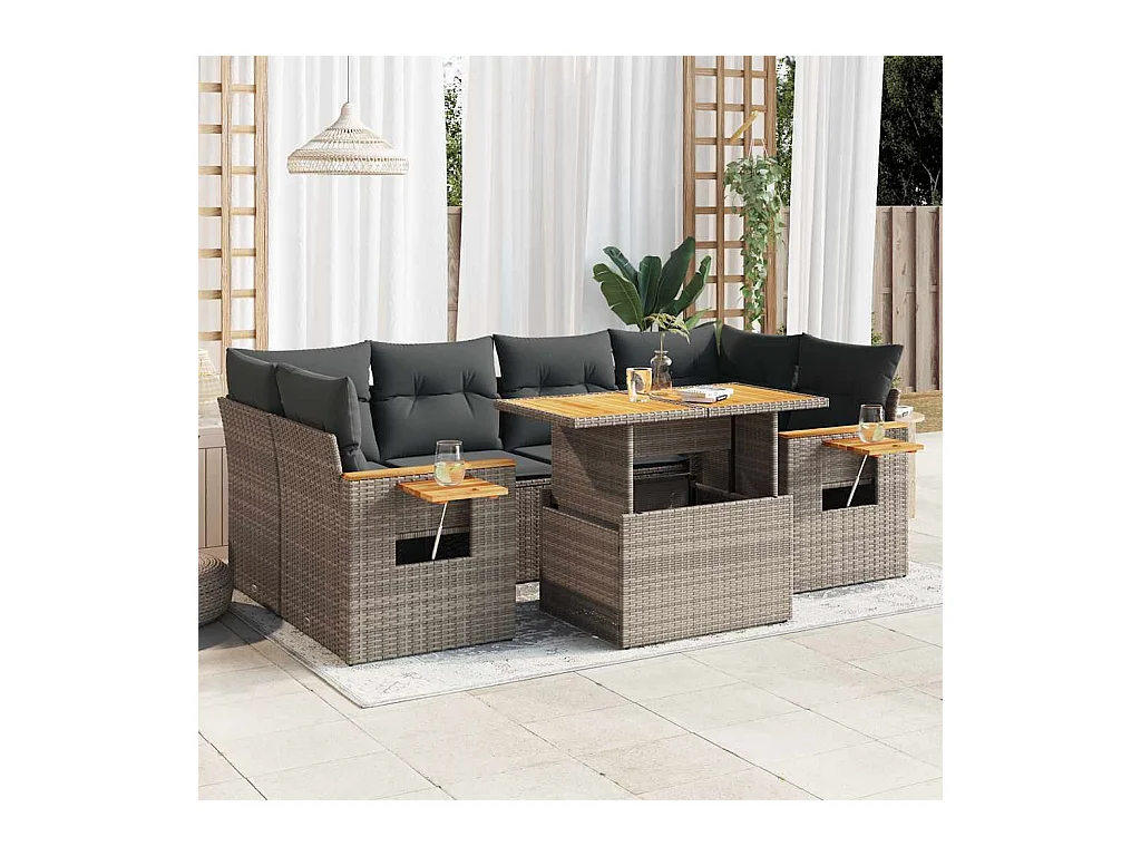 Tuinmeubelset met kussens 7 stuks grijs kunsthars riet acacia