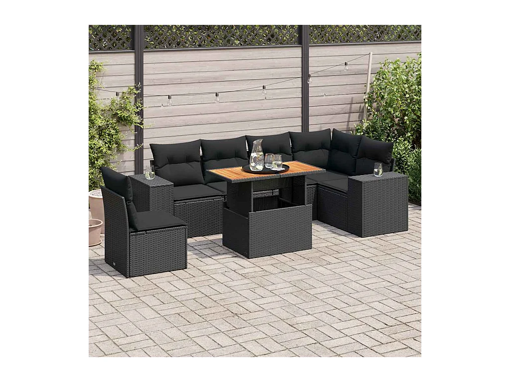 Salon de jardin 7 pcs avec coussins noir résine tressée