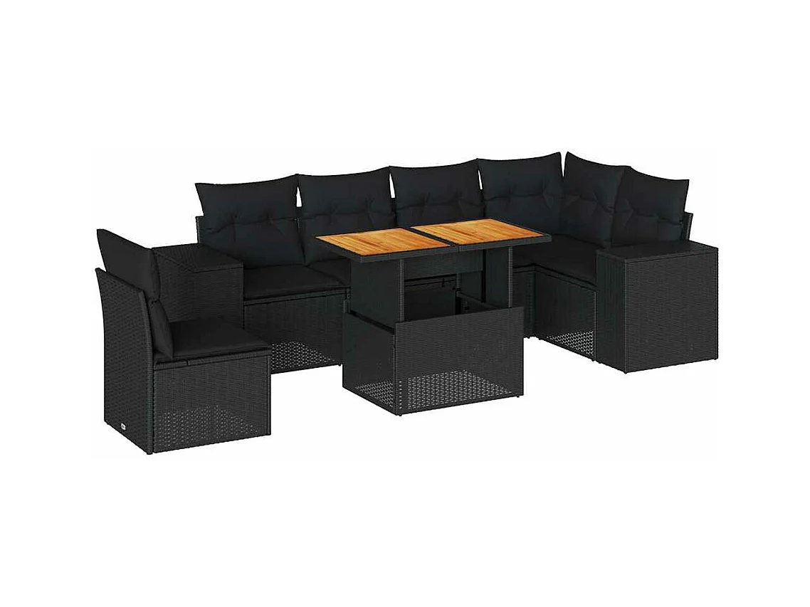 Salon de jardin 7 pcs avec coussins noir résine tressée