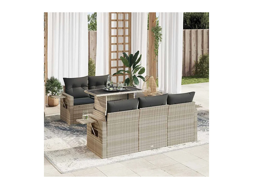Salon de jardin 6 pcs avec coussins gris clair résine tressée