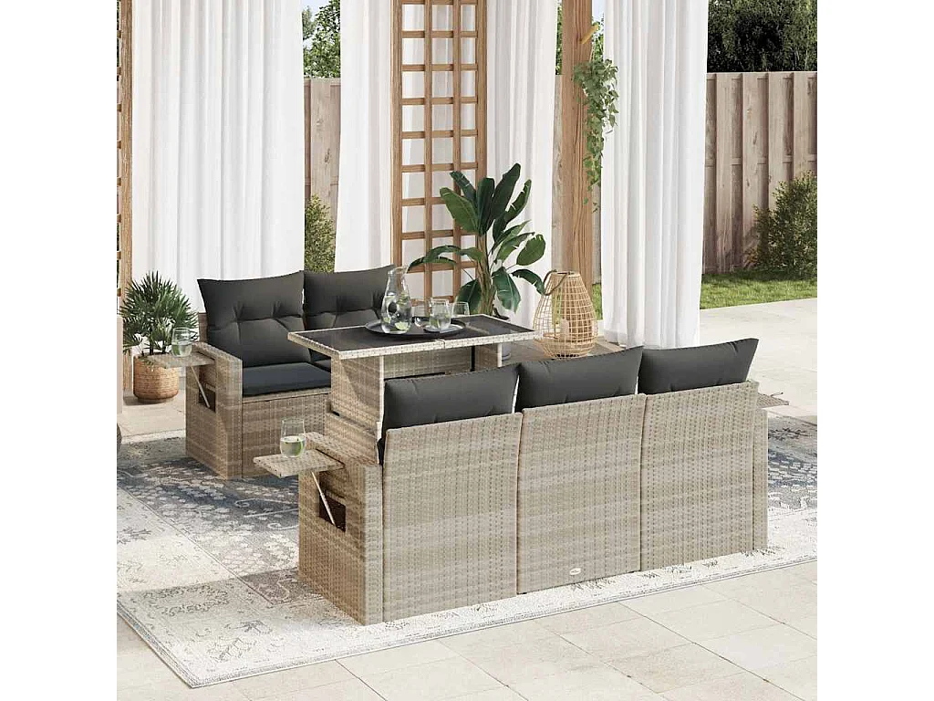 Salon de jardin 6 pcs avec coussins gris clair résine tressée