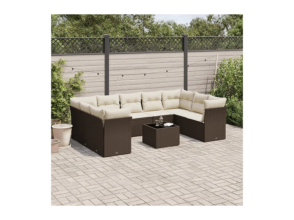Salon de jardin 10 pcs avec coussins marron résine tressée