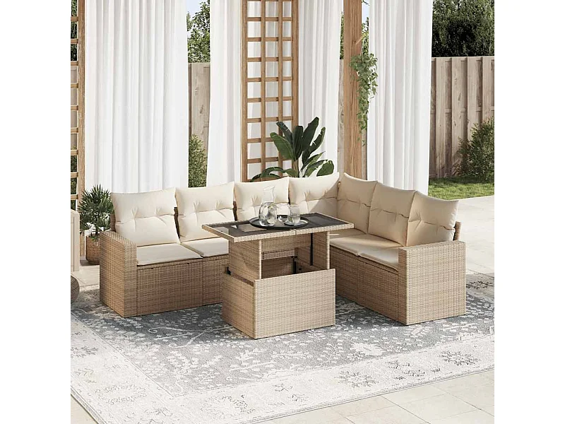 Conjunto de muebles de jardín con cojines 7 piezas resina tejida beige