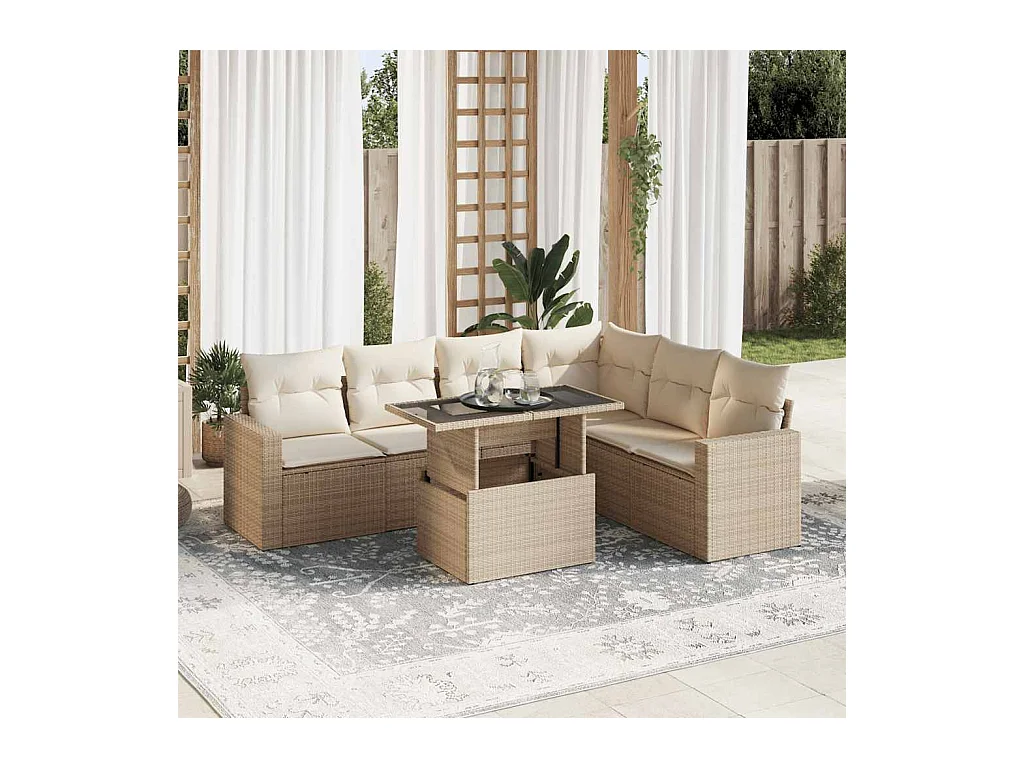 Salon de jardin avec coussins 7 pcs beige résine tressée