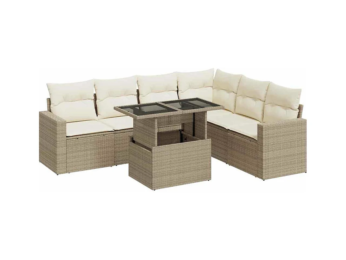 Salon de jardin avec coussins 7 pcs beige résine tressée
