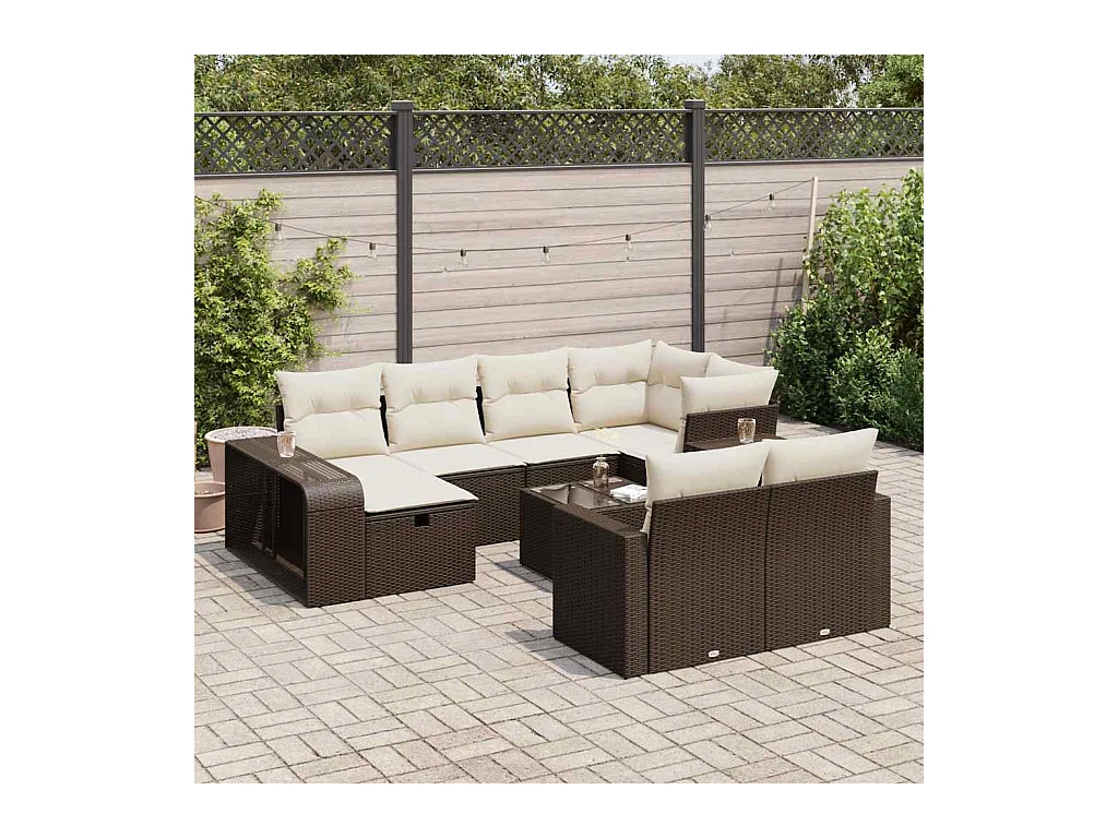 Salon de jardin et coussins 11 pcs marron résine tressée