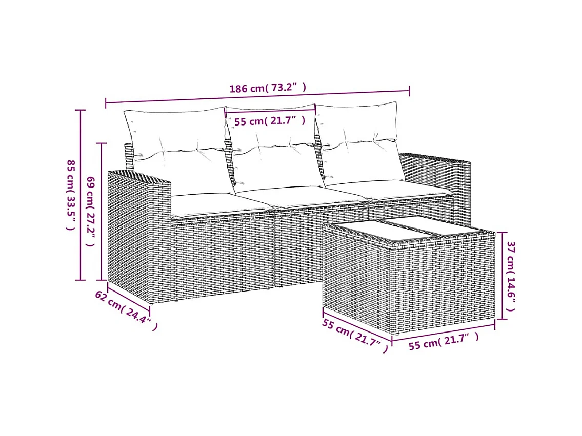 Conjunto de móveis de jardim de 4 peças com almofadas marrons em resina trançada