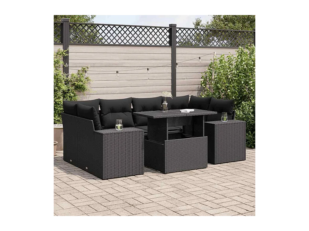 Set di mobili da giardino 7 pezzi con cuscini neri in resina intrecciata