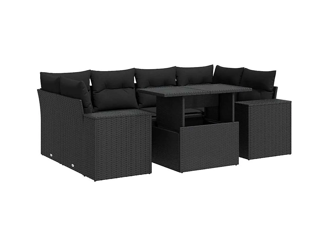 Set di mobili da giardino 7 pezzi con cuscini neri in resina intrecciata