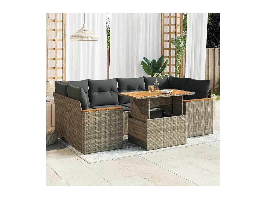 Salon de jardin avec coussins 6 pcs gris résine tressée acacia