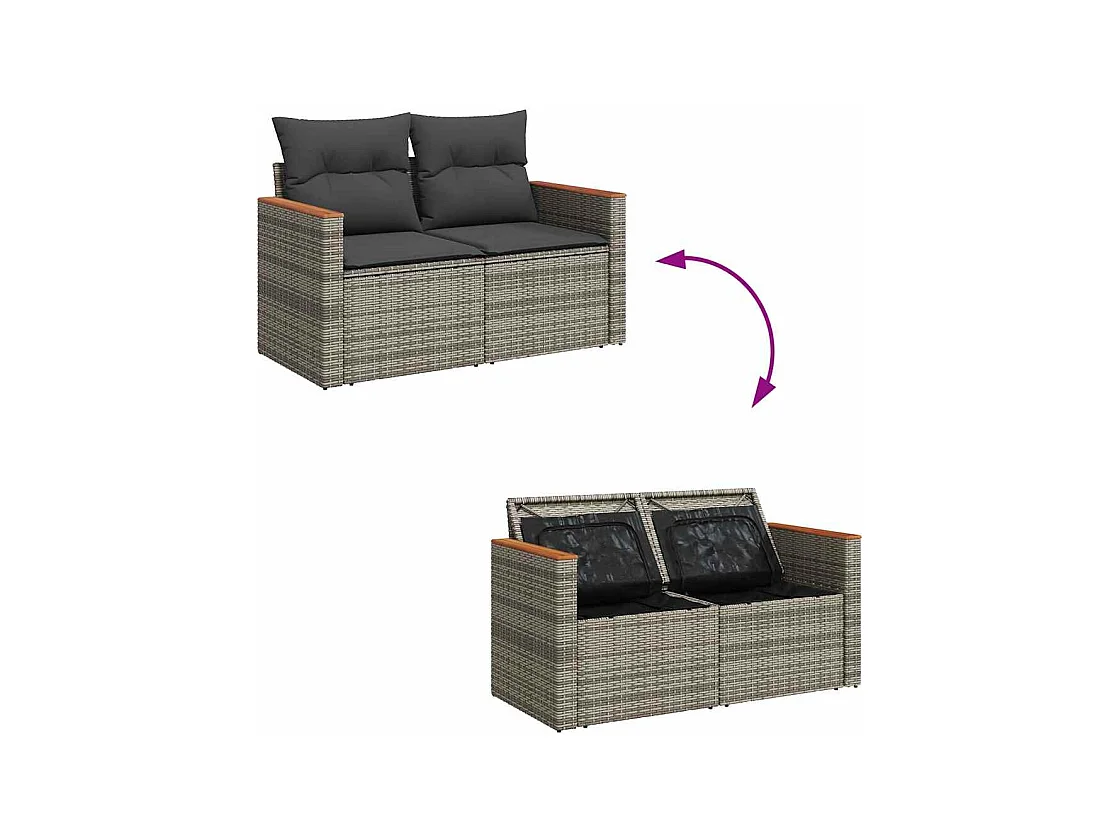 Salon de jardin avec coussins 6 pcs gris résine tressée acacia