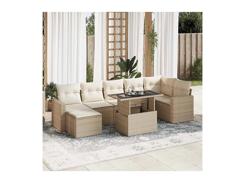 Salon de jardin avec coussins 8 pcs beige résine tressée