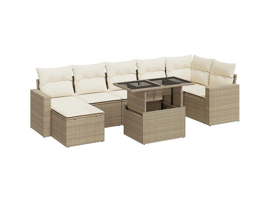 Salon de jardin avec coussins 8 pcs beige résine tressée