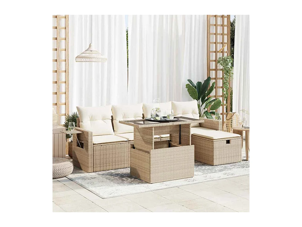 Gartenmöbel-Set mit Kissen 6-tlg. beige gewebtes Harz