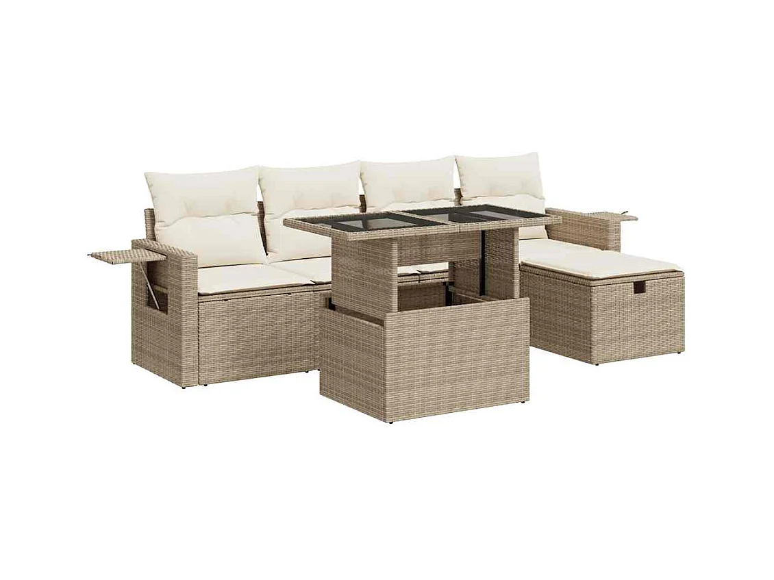 Gartenmöbel-Set mit Kissen 6-tlg. beige gewebtes Harz
