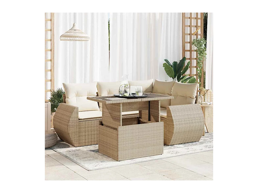 Salon de jardin avec coussins 5 pcs beige résine tressée
