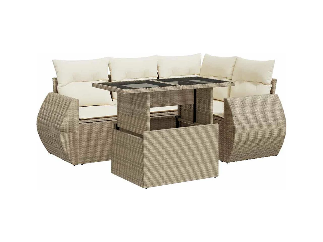 Salon de jardin avec coussins 5 pcs beige résine tressée
