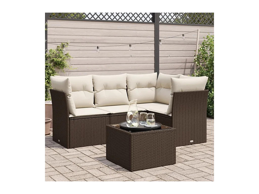 Salon de jardin avec coussins 5 pcs marron résine tressée