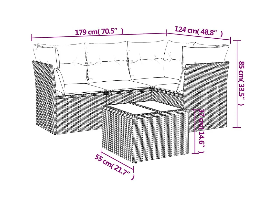 Salon de jardin avec coussins 5 pcs marron résine tressée