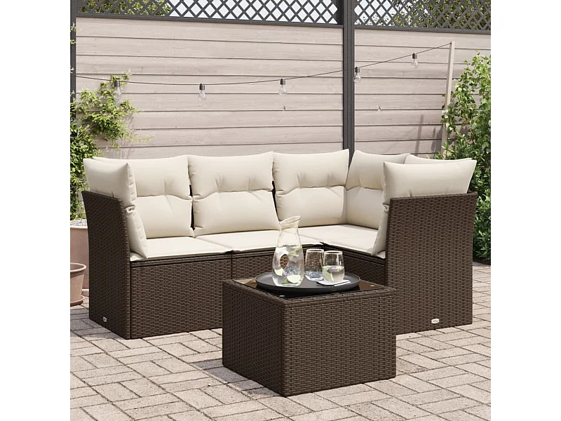 Salon de jardin avec coussins 5 pcs marron résine tressée