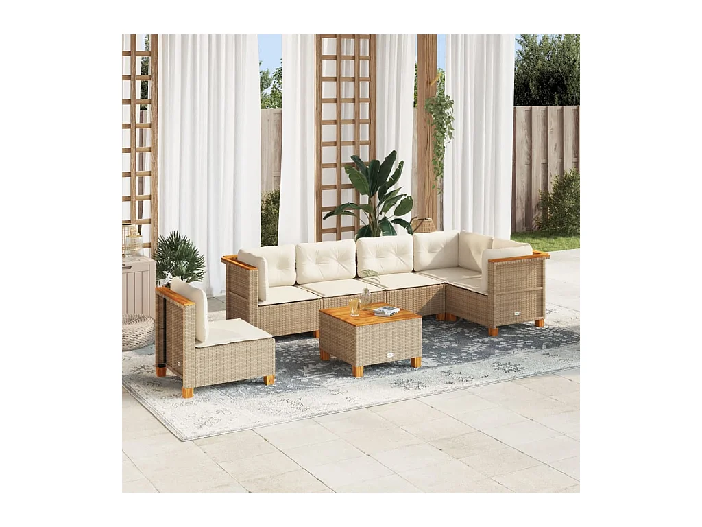 Salon de jardin avec coussins 7 pcs beige résine tressée