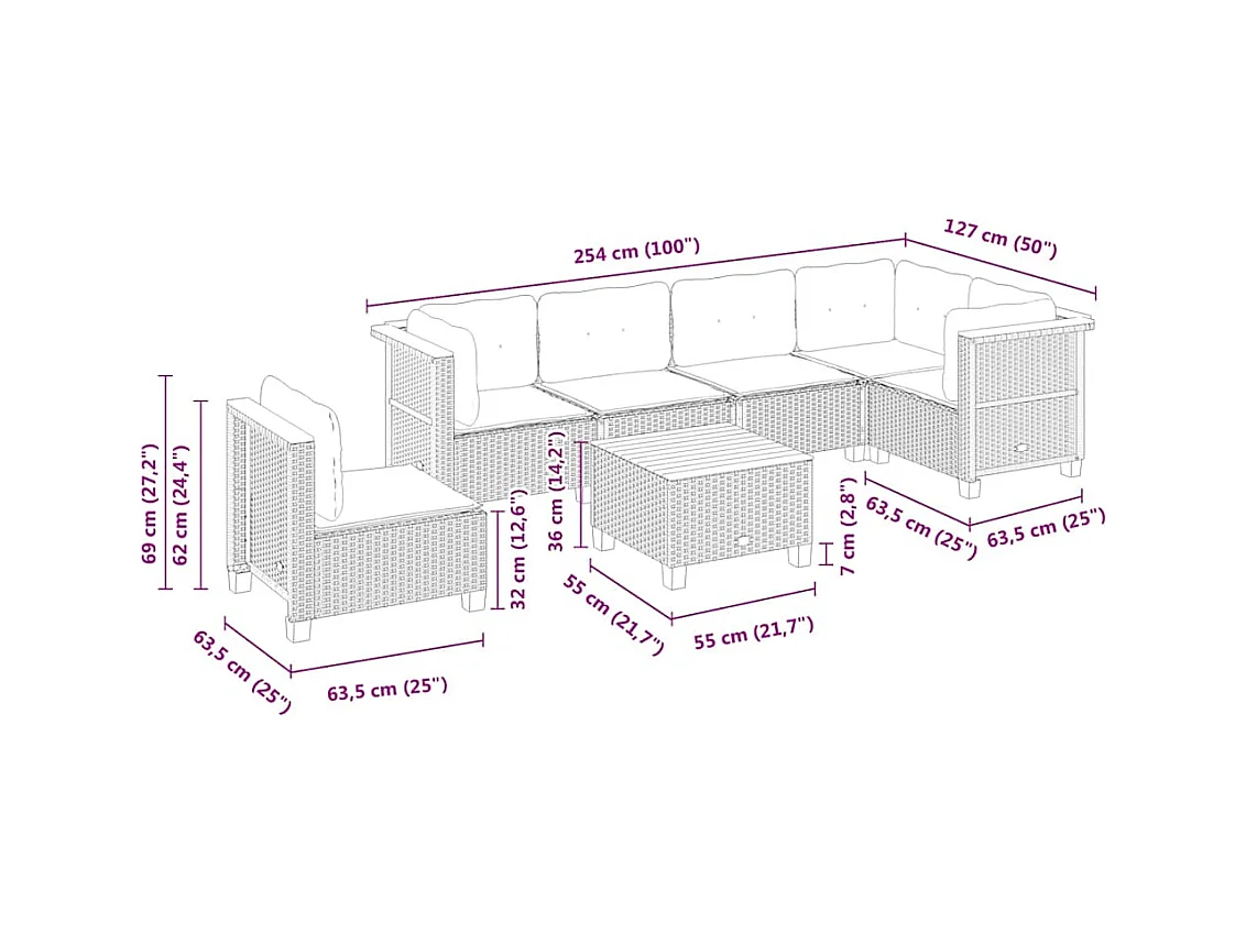 Salon de jardin avec coussins 7 pcs beige résine tressée