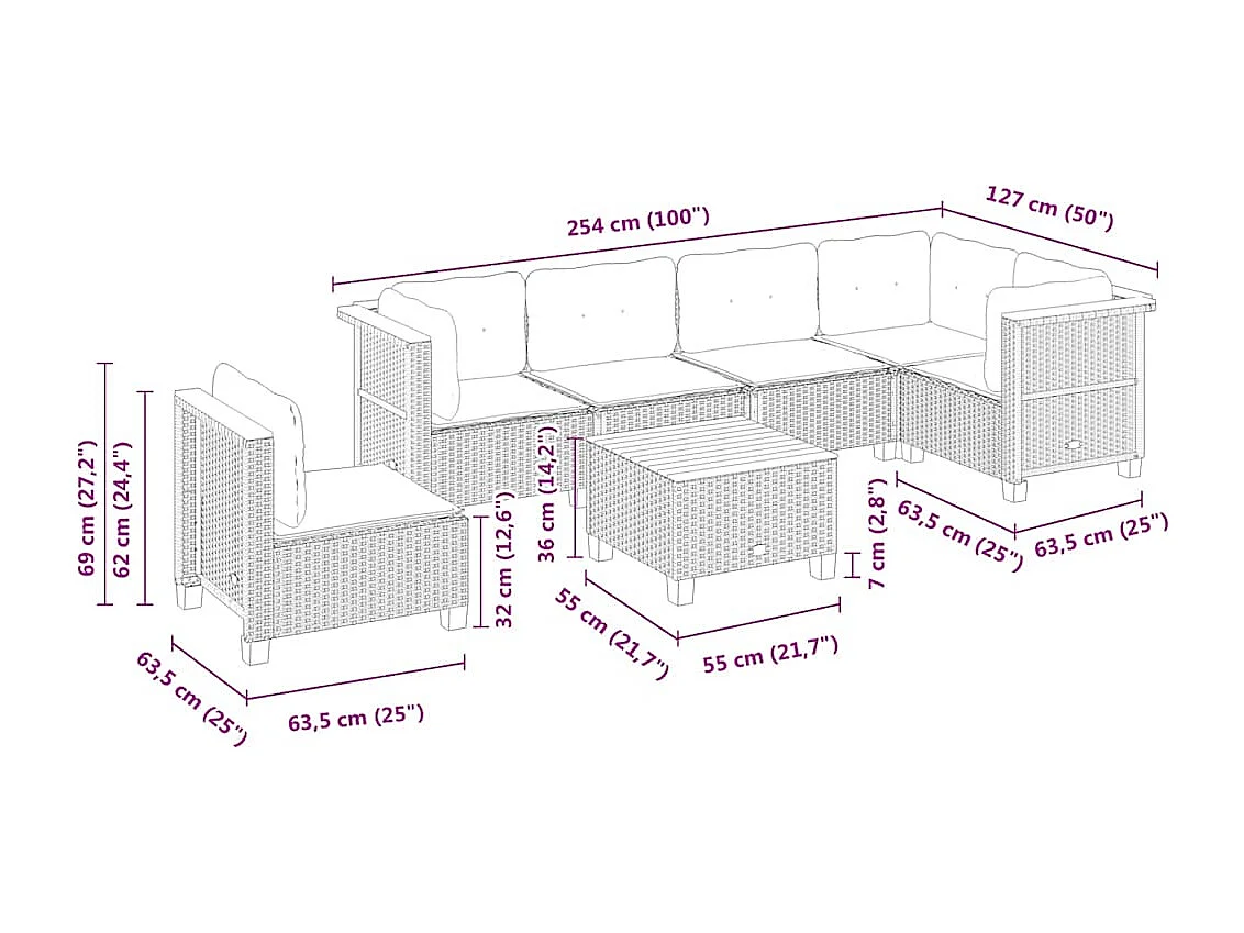 Set mobili da giardino con cuscini 7 pz beige resina intrecciata