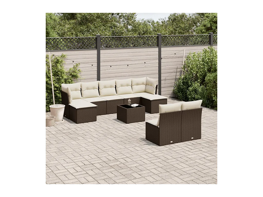 Salon de jardin 10 pcs avec coussins marron résine tressée