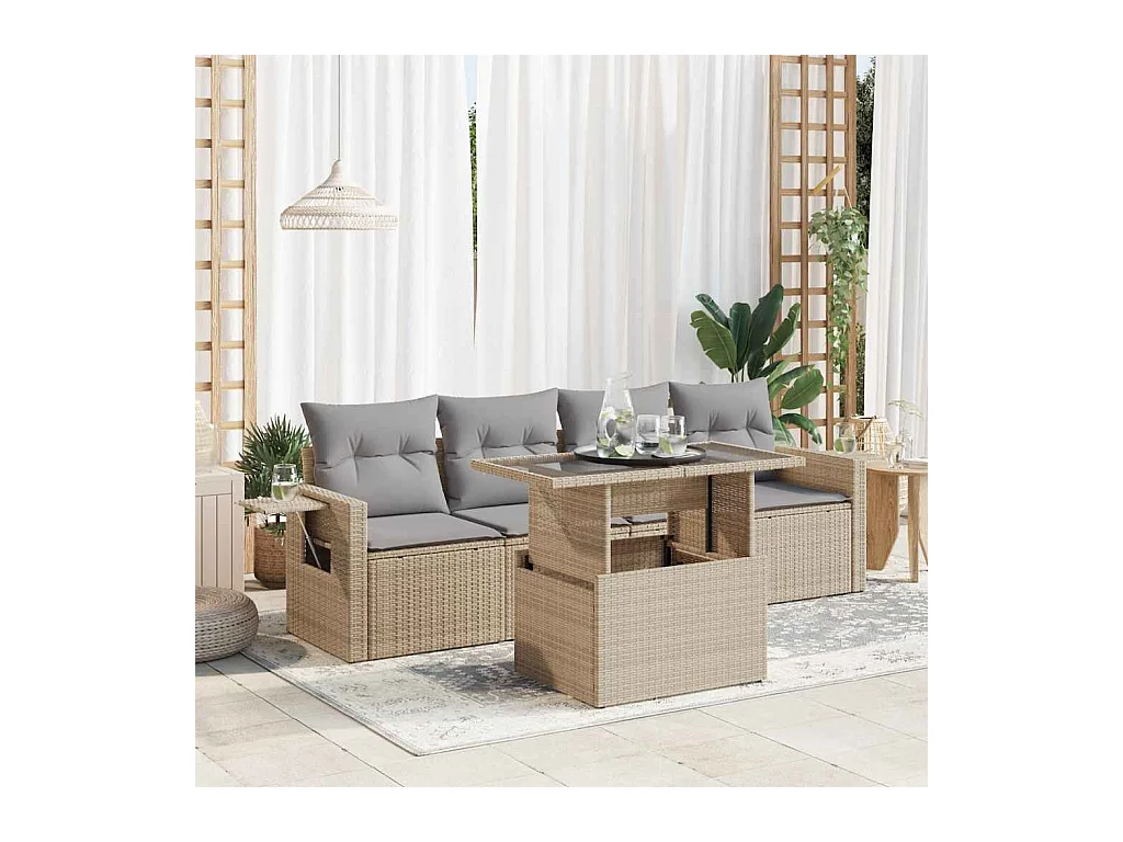 Salon de jardin avec coussins 5 pcs beige résine tressée