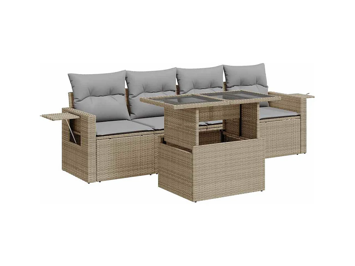 Salon de jardin avec coussins 5 pcs beige résine tressée