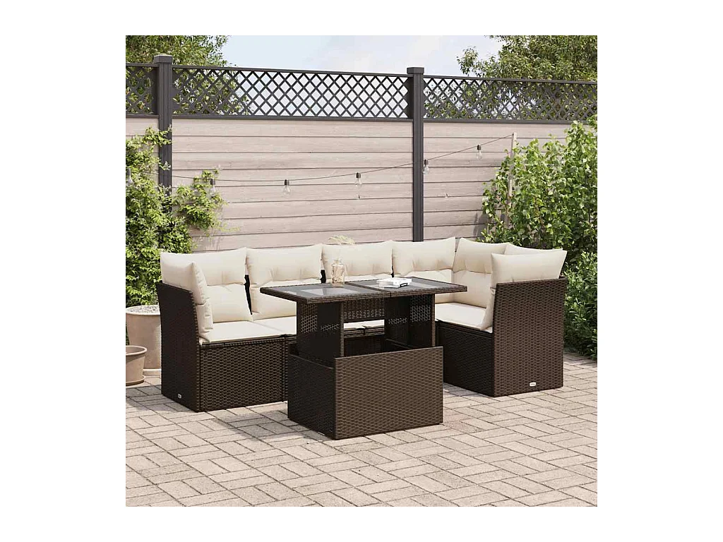 Salon de jardin avec coussins 6 pcs marron résine tressée