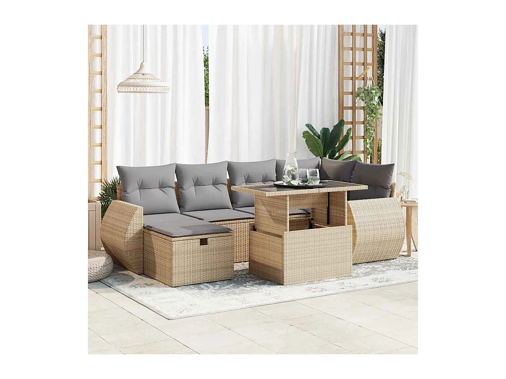 Salon de jardin avec coussins 7 pcs beige résine tressée