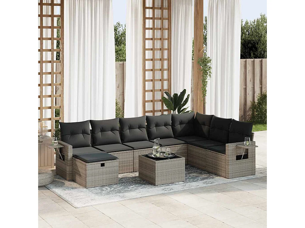 9-teiliges Gartenmöbelset mit grauen Kissen aus gewebtem Harz