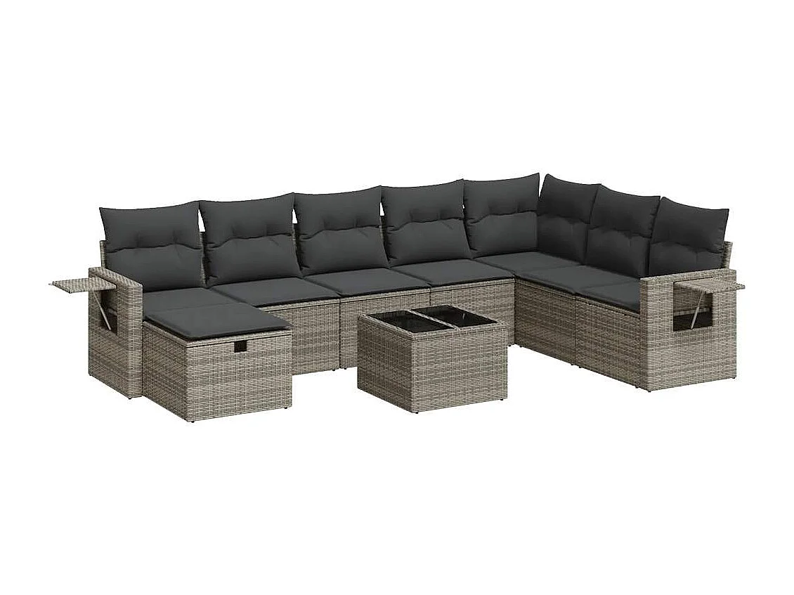 9-teiliges Gartenmöbelset mit grauen Kissen aus gewebtem Harz
