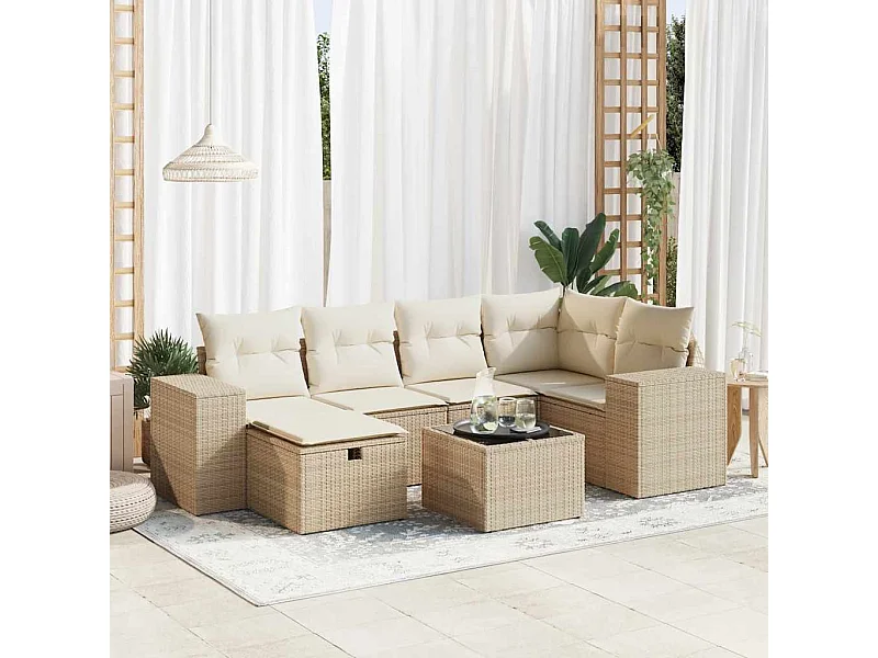 Set mobili da giardino con cuscini 7 pz beige resina intrecciata