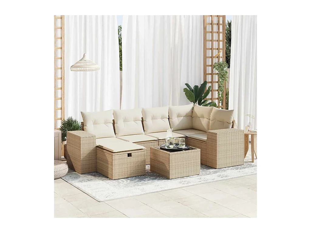 Gartenmöbel-Set mit Kissen 7-tlg. beige gewebtes Harz