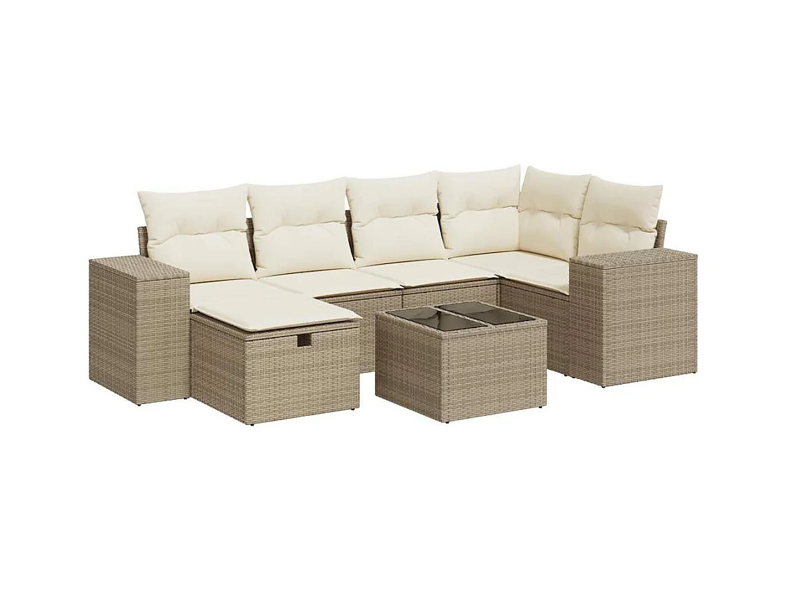 Gartenmöbel-Set mit Kissen 7-tlg. beige gewebtes Harz