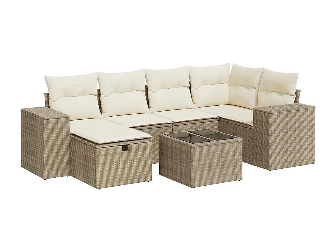 Gartenmöbel-Set mit Kissen 7-tlg. beige gewebtes Harz