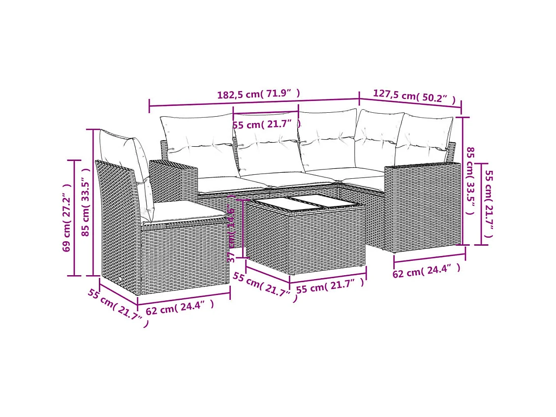 Salon de jardin avec coussins 6 pcs marron résine tressée